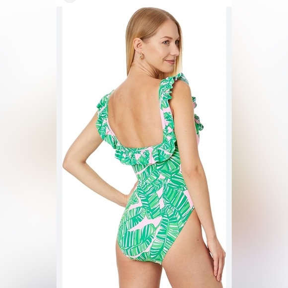 Aemma Ruffle One-Piece Swimsuit in Green & Conch Shell Pink - Picture 3 of 7